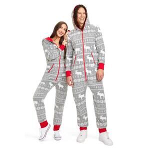 Tipsy Elves Gray Moose Fair Isle Fleece Jumpsuit Pajama Size M, NWOT